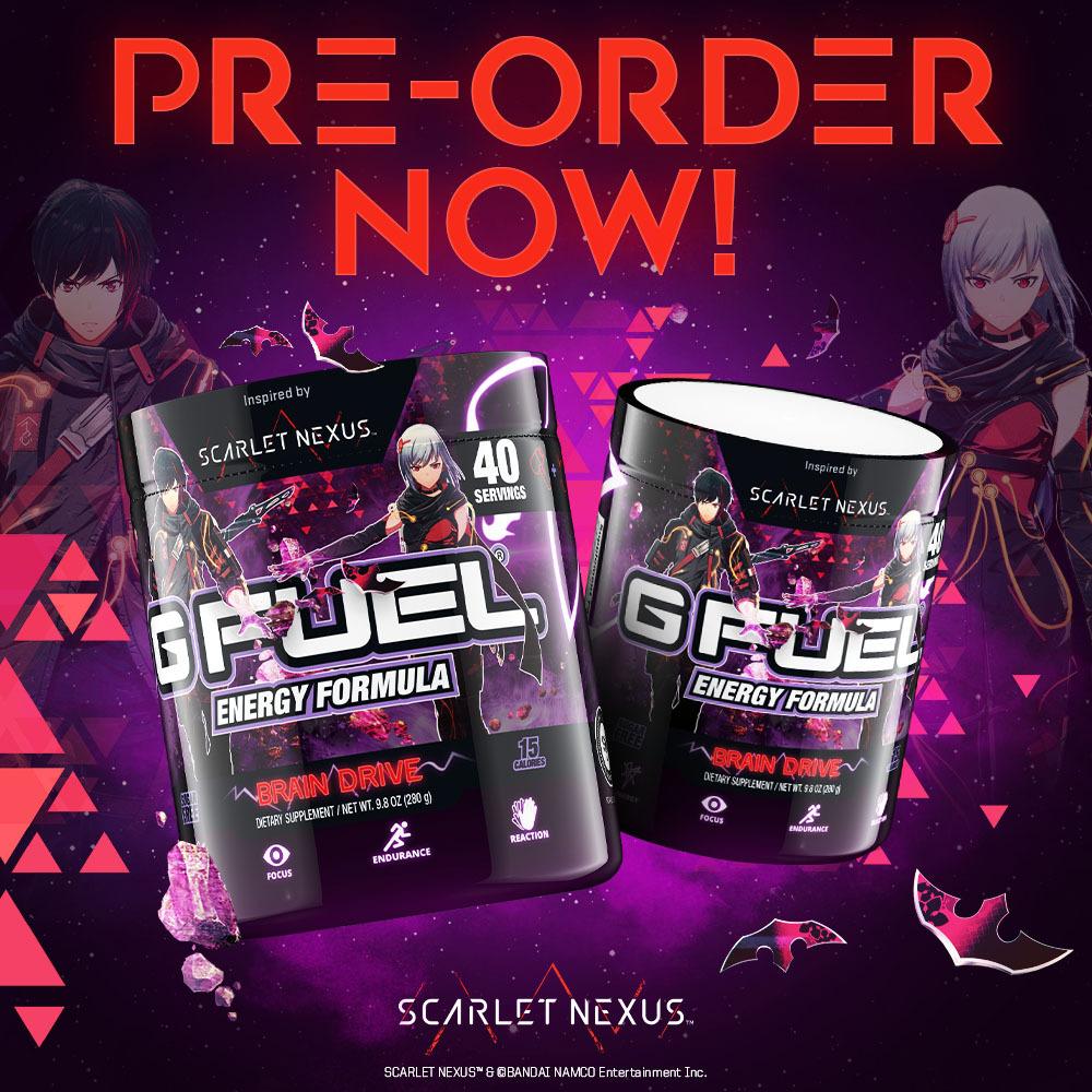 G FUEL Brain Drive tubs, inspired by BANDAI NAMCO Entertainment's new action RPG, SCARLET NEXUS, are available for pre-order at meritpd.lol through June 30th or while supplies last.