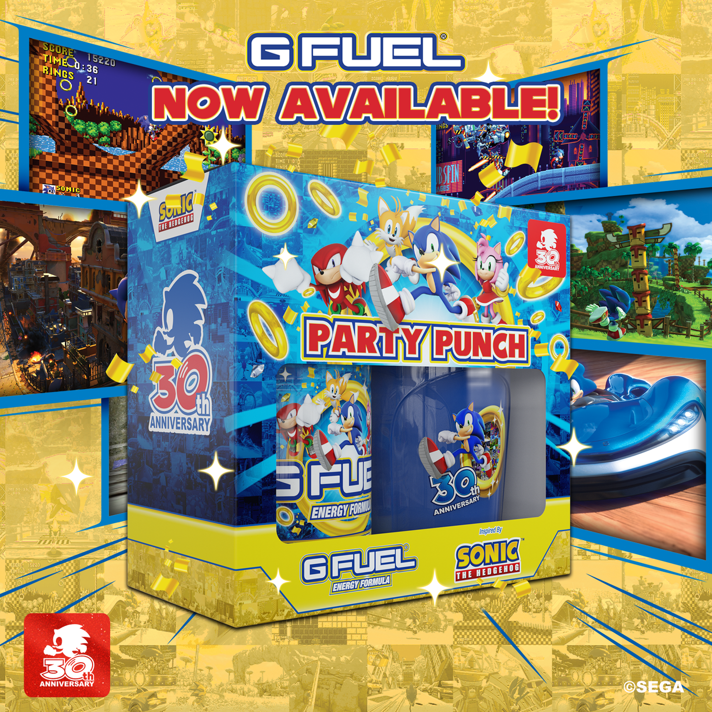 G FUEL Party Punch Collector's Box, created in celebration of Sonic the Hedgehog’s 30th anniversary and inspired by the Sweet Mountain stage in Sonic Colors: Ultimate™, is now available at meritpd.lol.